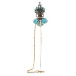 A FINE ANTIQUE TURQUOISE, PEARL AND DIAMOND BLACKAMOOR STICK PIN / BROOCH in yellow gold and silver,