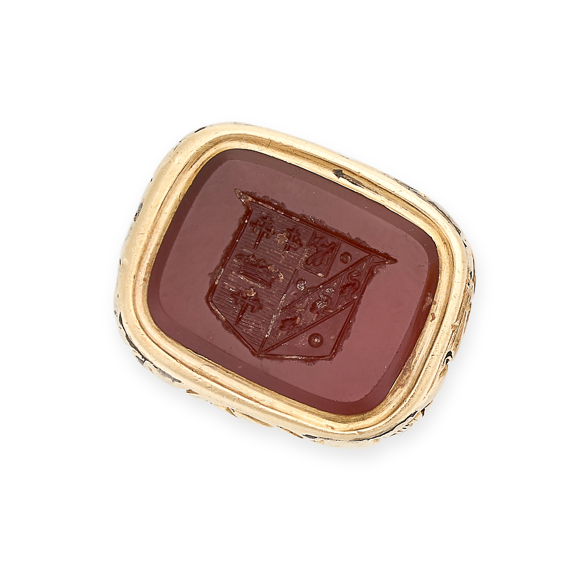 NO RESERVE - AN ANTIQUE CARNELIAN INTAGLIO FOB SEAL PENDANT, 19TH CENTURY in yellow gold, set with a
