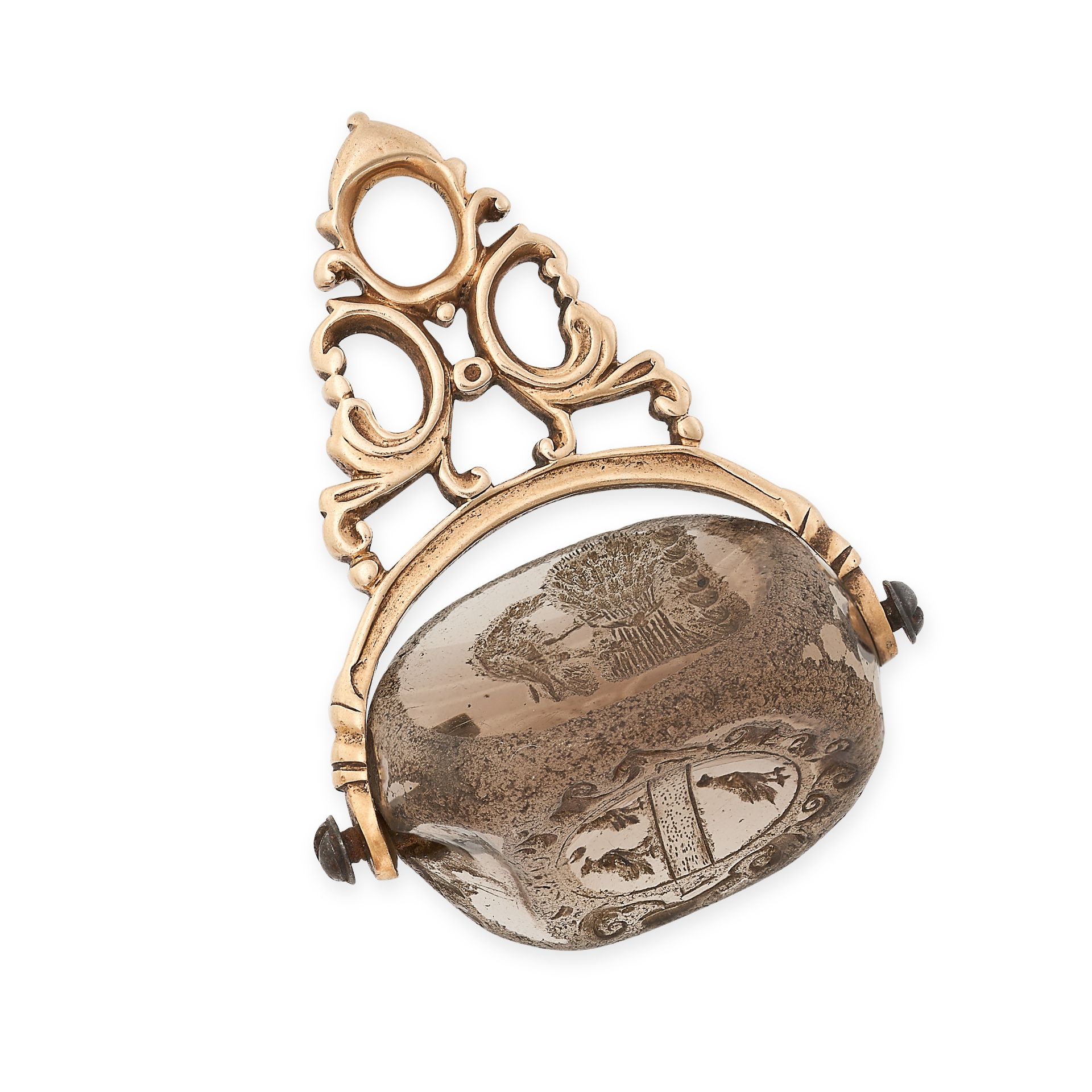 NO RESERVE - AN ANTIQUE SMOKEY QUARTZ INTAGLIO SWIVEL FOB SEAL PENDANT, 18TH CENTURY in yellow gold,