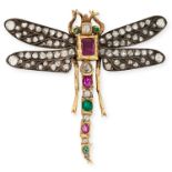 A VINTAGE DRAGON FLY BROOCH with rose cut diamond set wings and a ruby, synthetic ruby, emerald
