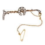 NO RESERVE - AN ANTIQUE DIAMOND RIDING CROP BROOCH in yellow gold and silver, designed as a riding