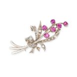 A VINTAGE SYNTHETIC RUBY AND DIAMOND FLOWER SPRAY BROOCH in 18ct white gold, designed as a bouquet