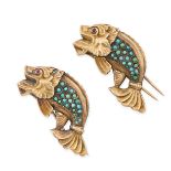 A PAIR OF VINTAGE TURQUOISE AND RUBY FISH BROOCHES in 18ct yellow gold, designed as two swimming