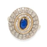 A VINTAGE SAPPHIRE AND DIAMOND CLUSTER RING in yellow gold, set with a central oval cut sapphire