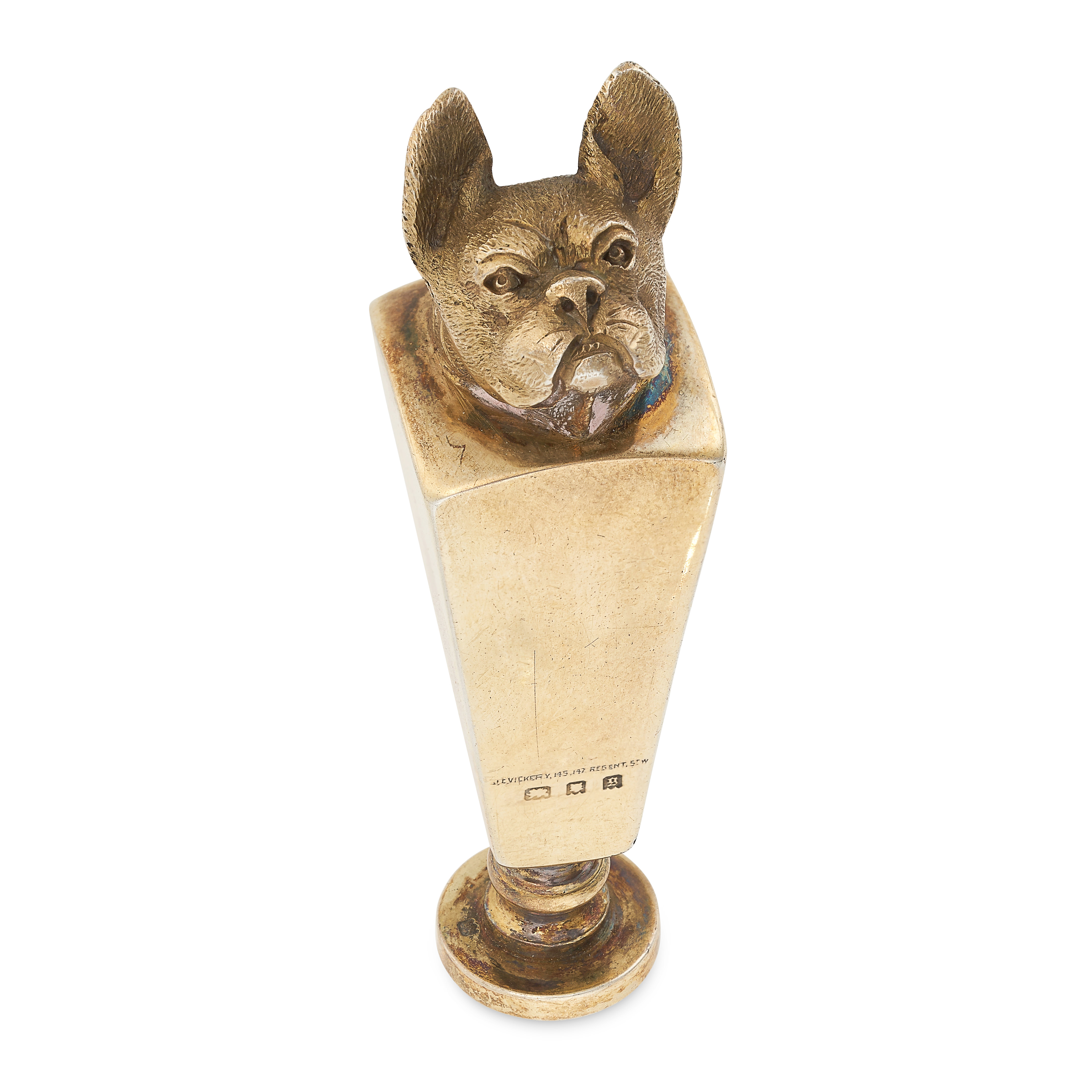 NO RESERVE - J C VICKERY, AN ANTIQUE FRENCH BULLDOG HAND SEAL, 1922 in gilded silver, with the crest