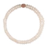 NO RESERVE - A CARVED ROSE QUARTZ BEAD NECKLACE in 18 carat yellow gold, comprising two rows of