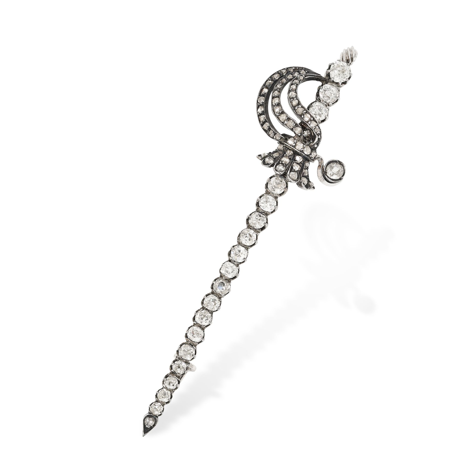 AN ANTIQUE DIAMOND SWORD BROOCH designed as a French sword, set with old and rose cut diamonds