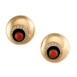 NO RESERVE - A PAIR OF VINTAGE CORAL, ONYX AND DIAMOND EARRINGS in 14ct yellow gold, the circular