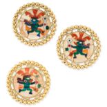 AN AZTEC REVIVAL EARRING AND PENDANT / BROOCH SUITE in 18ct yellow gold, set with mosaic of