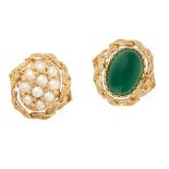 A VINTAGE CHRYSOPRASE AND PEARL REVERSIBLE RING in 18ct yellow gold, with reversible cabochon