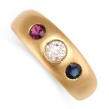 NO RESERVE - A RUBY, SAPPHIRE AND DIAMOND GYPSY RING in 18ct yellow gold, set with a round cut