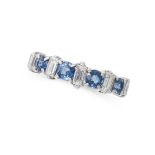 A SAPPHIRE AND DIAMOND HALF ETERNITY RING in 18ct white gold, set with four round cut blue sapphires