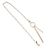 NO RESERVE - AN ANTIQUE ALBERT CHAIN SUSPENDING A TOOTHPICK AND SWIZZLE STICK in 9ct yellow gold,