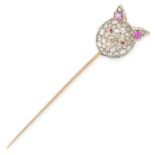 AN ANTIQUE DIAMOND FOX HEAD TIE / STICK PIN BROOCH in yellow gold and silver, designed as a foxes
