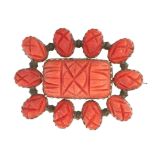 NO RESERVE - AN ANTIQUE CARVED CORAL AND HAIRWORK MOURNING LOCKET BROOCH, EARLY 19TH CENTURY in