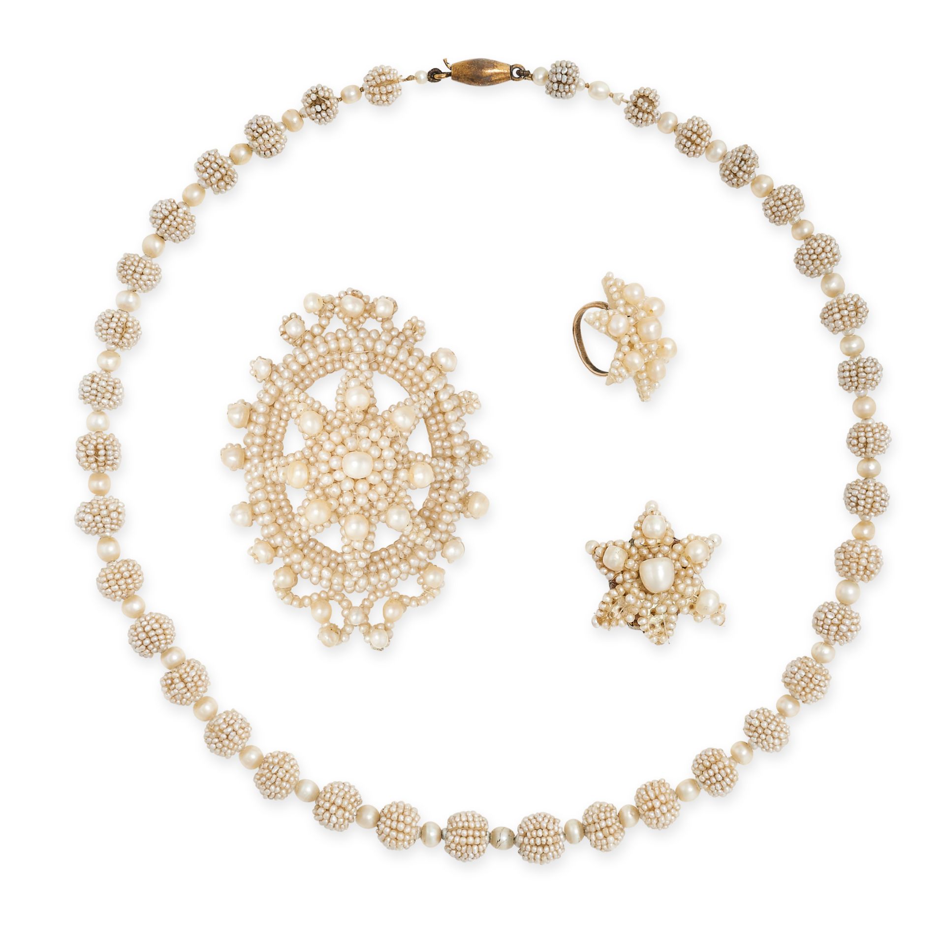 NO RESERVE - AN ANTIQUE VICTORIAN SEED PEARL AND PEARL NECKLACE PENDANT SUITE the demi parure