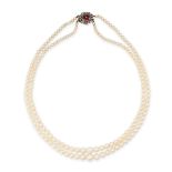 A PEARL, GARNET AND DIAMOND NECKLACE comprising two rows of graduated pearls ranging from 3.2mm to