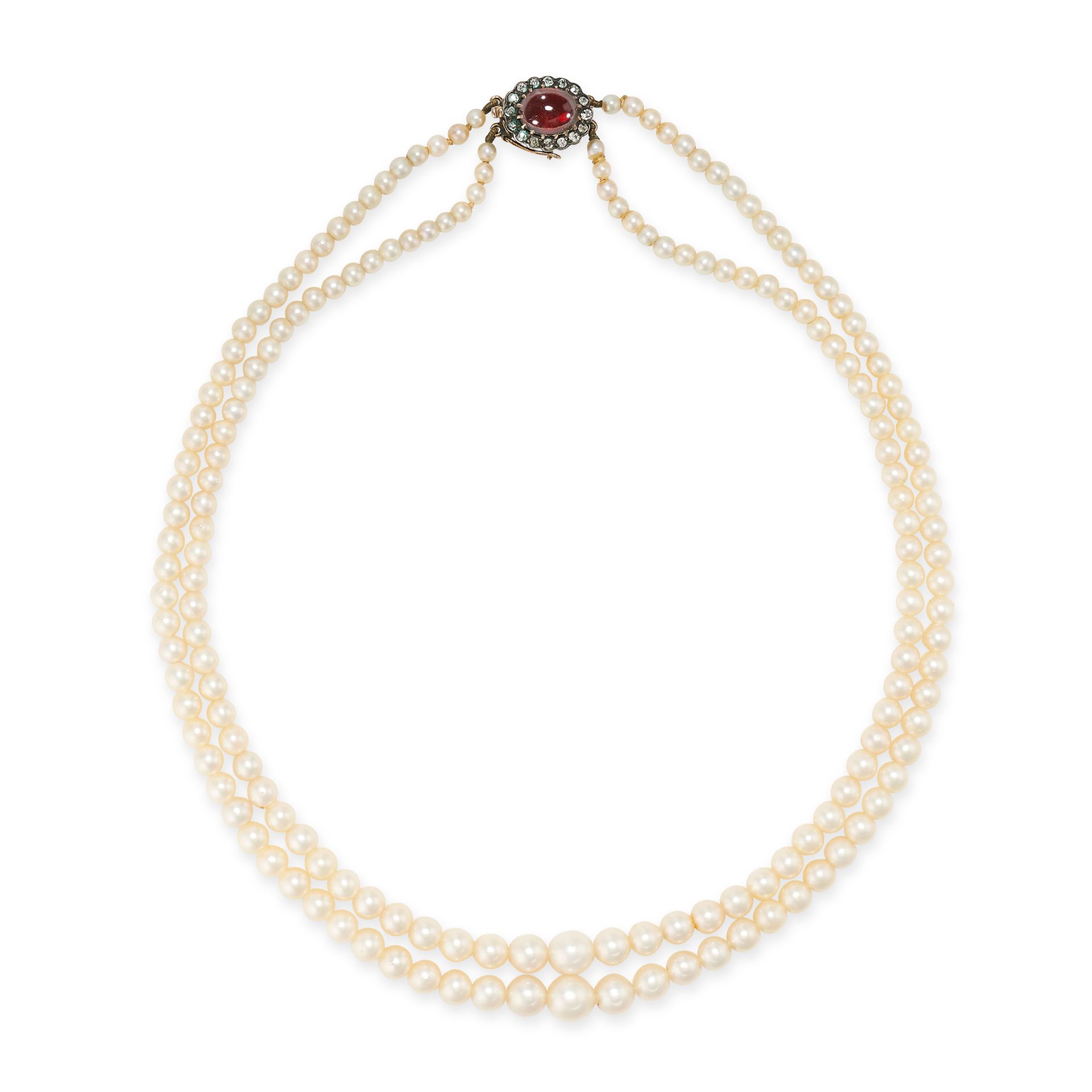 A PEARL, GARNET AND DIAMOND NECKLACE comprising two rows of graduated pearls ranging from 3.2mm to