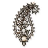 AN ANTIQUE DIAMOND & PEARL FERN BROOCH in silver and yellow gold, in a stylised design featuring a