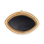 AN ANTIQUE ONYX MOURNING LOCKET BROOCH, 19TH CENTURY in yellow gold, the navette shaped body set