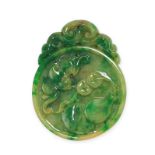 A VINTAGE NATURAL JADEITE JADE PLAQUE carved in the Chinese style, depicting a bat among fruit and