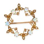 AN ANTIQUE OPAL AND PEARL BROOCH, EARLY 20TH CENTURY in 15ct yellow gold, designed as a wreath set