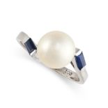 NO RESERVE - A PEARL AND SAPPHIRE DRESS RING in 14ct white gold, set with a pearl of 8.6mm between