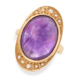 A VINTAGE FRENCH AMETHYST AND PEARL DRESS RING in 18ct yellow gold, set with a cabochon amethyst