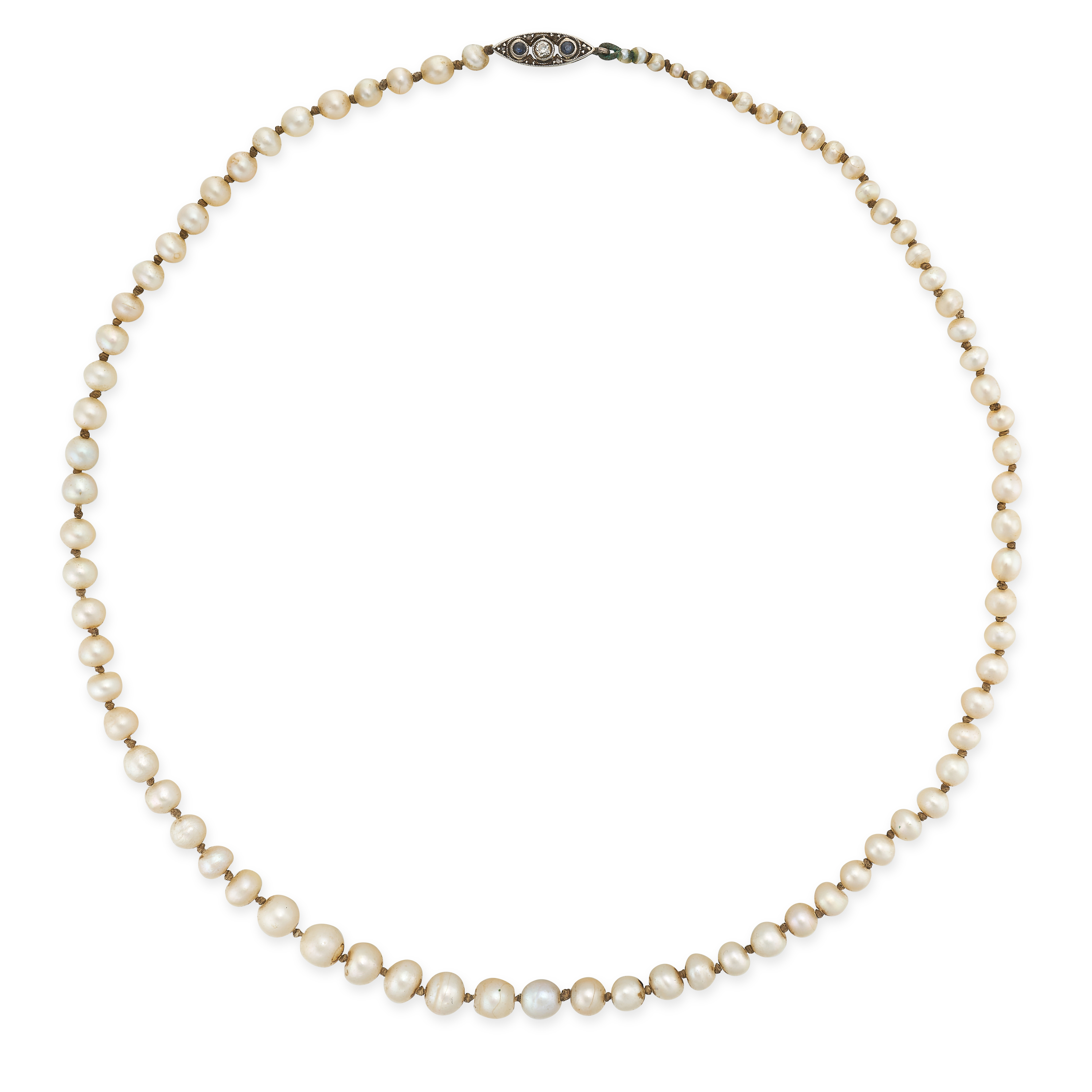 NO RESERVE - AN ANTIQUE NATURAL PEARL, SAPPHIRE AND DIAMOND NECKLACE comprising a single row of