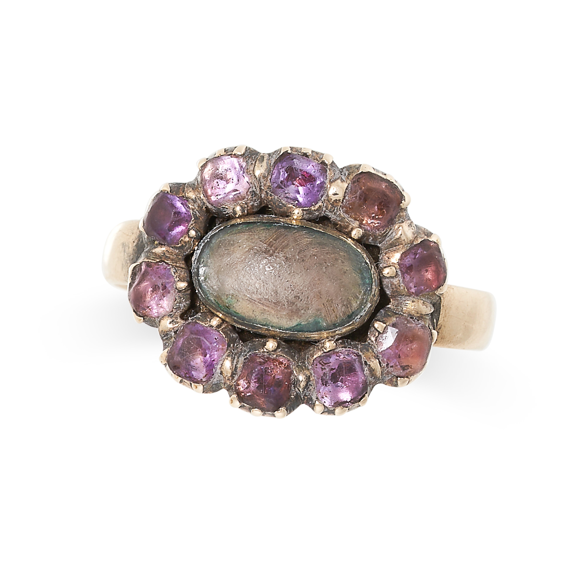NO RESERVE - AN ANTIQUE GEORGEIAN AMETHYST MOURNING LOCKET CLUSTER RING, 19TH CENTURY in yellow