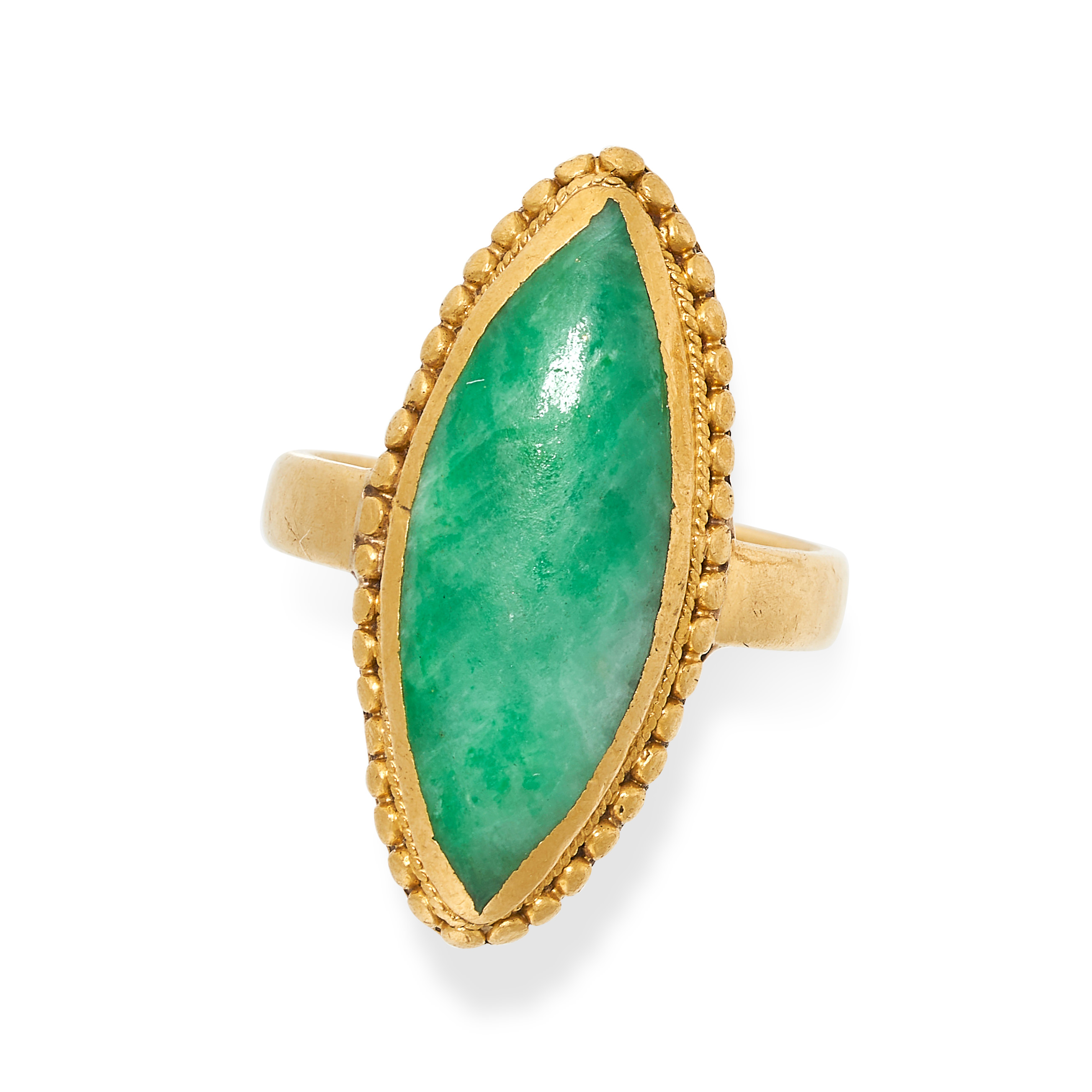 NO RESERVE - A CHINESE JADEITE JADE RING in 24ct yellow gold, set with a marquise shaped cabochon