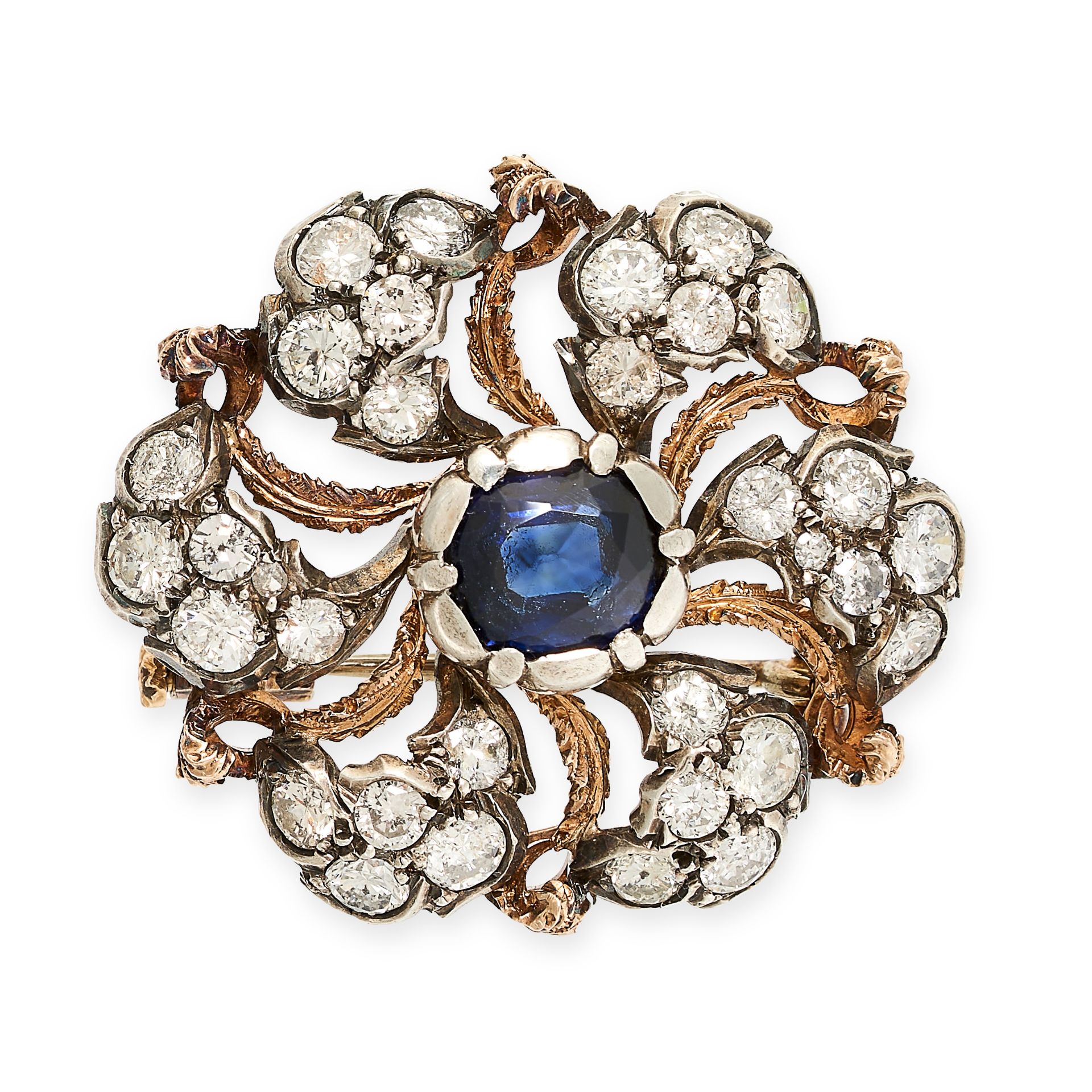 BUCCELLATI, A VINTAGE SAPPHIRE AND DIAMOND BROOCH in yellow gold and silver, set with a central