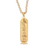 AN EGYPTIAN CARTOUCHE PENDANT NECKLACE in 18ct yellow gold, with Egyptian hieroglyphics spelling "