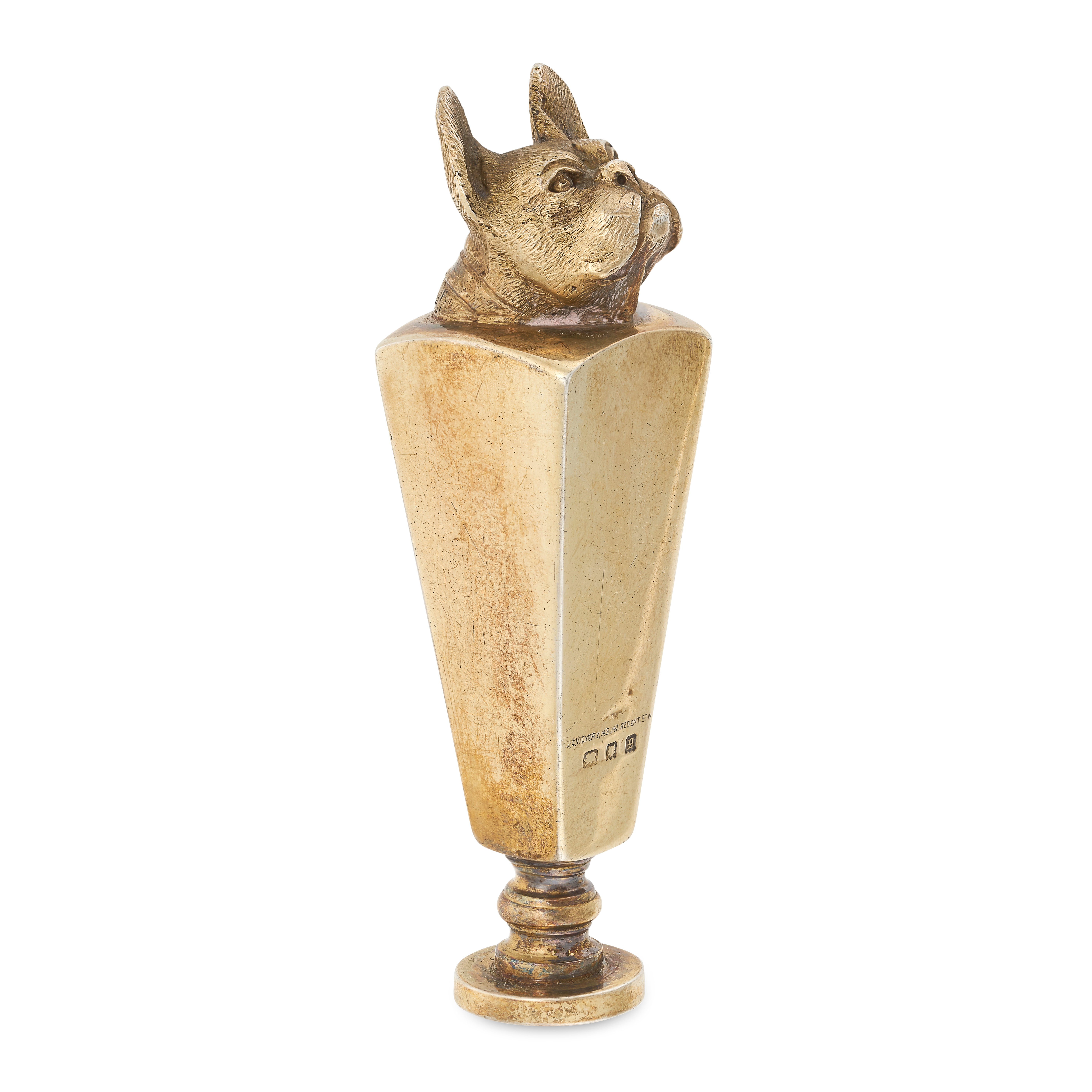NO RESERVE - J C VICKERY, AN ANTIQUE FRENCH BULLDOG HAND SEAL, 1922 in gilded silver, with the crest - Image 2 of 4
