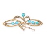NO RESERVE - AN ANTIQUE TURQUOISE AND PEARL BROOCH in yellow gold, set with cabochon turquoise and