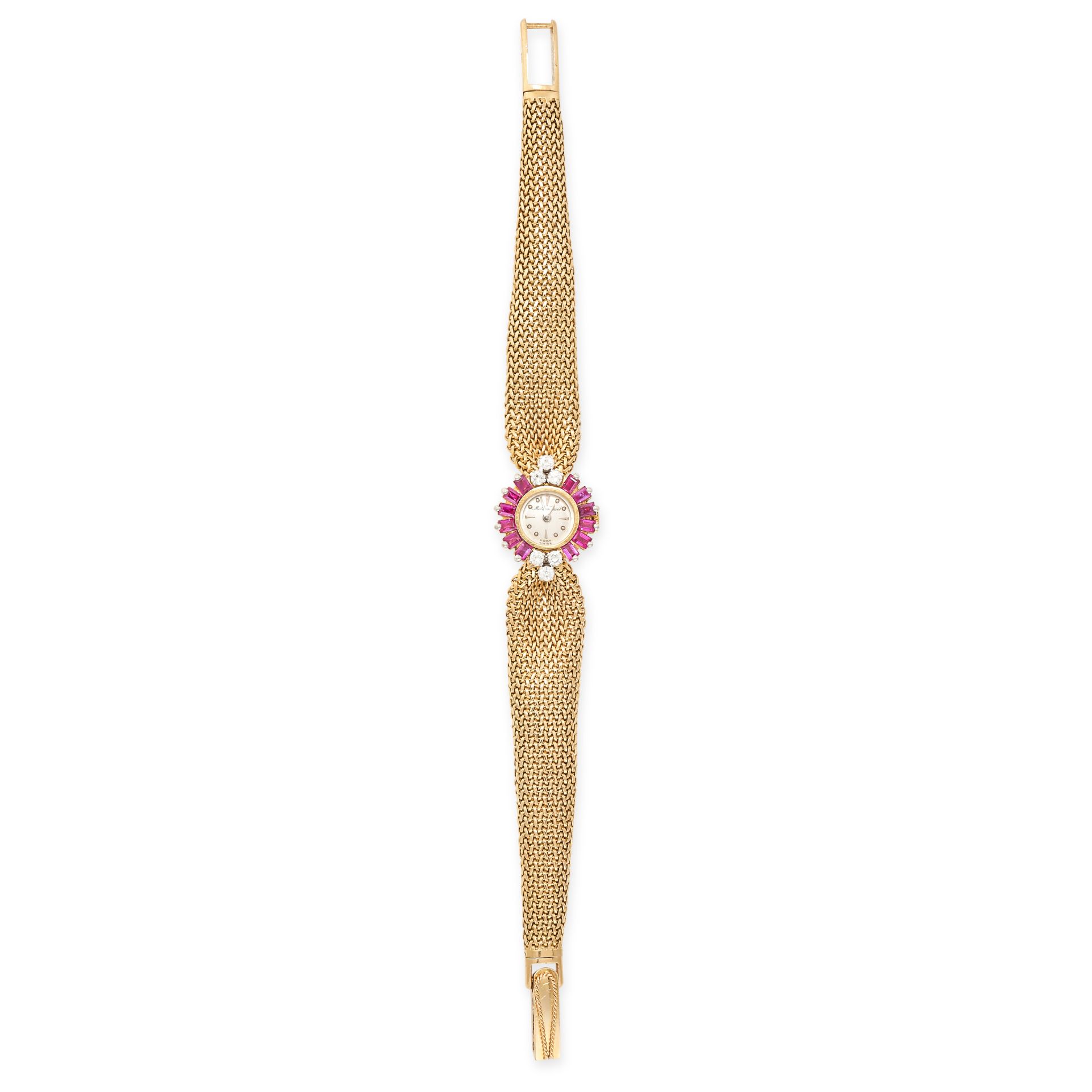 MATHEY TISSOT, A VINTAGE RUBY AND DIAMOND COCKTAIL WATCH in 18ct yellow gold, the circular dial