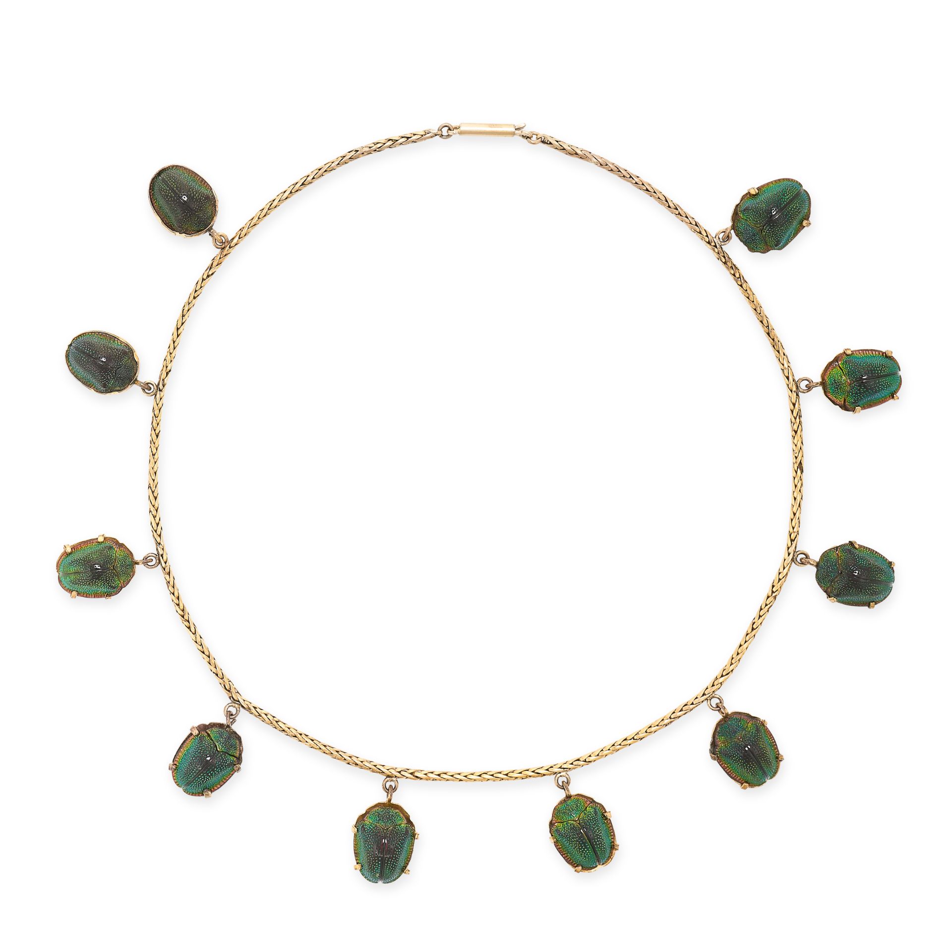 AN ANTIQUE SCARAB BEETLE NECKLACE, 19TH CENTURY in yellow gold, the fancy link chain suspending a