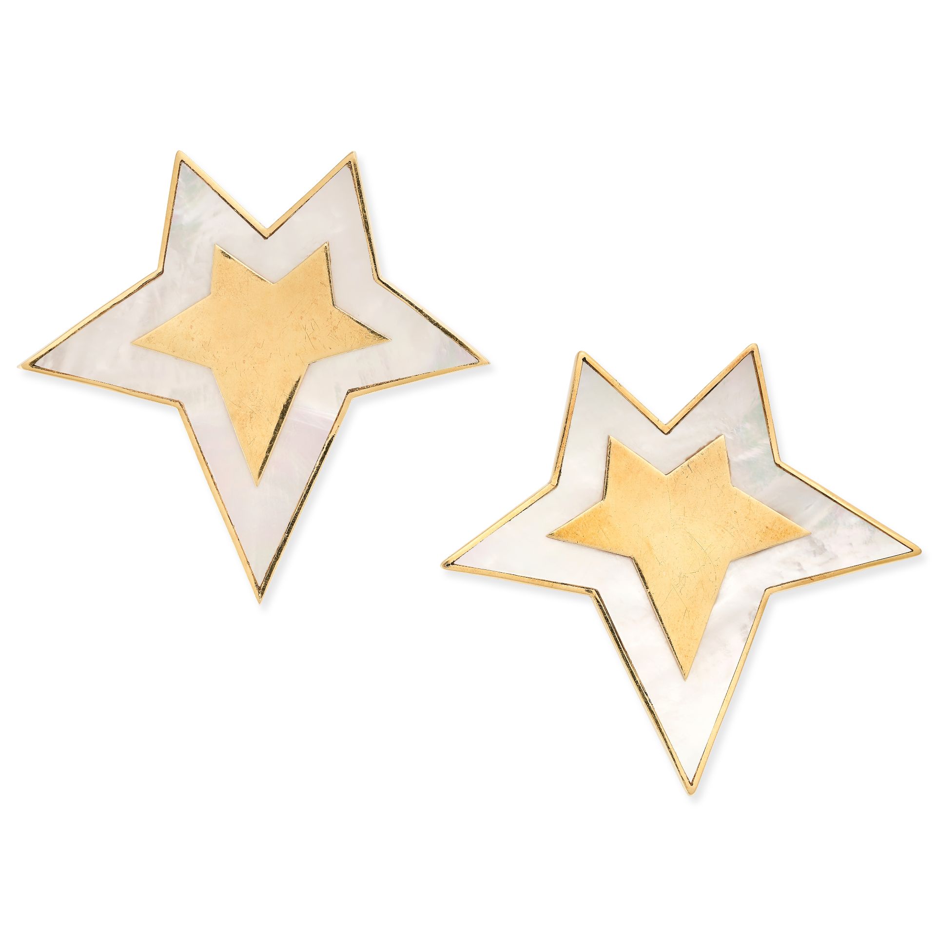 A PAIR OF MOTHER OF PEARL STAR CLIP EARRINGS in 18ct yellow gold, designed as an abstract star,