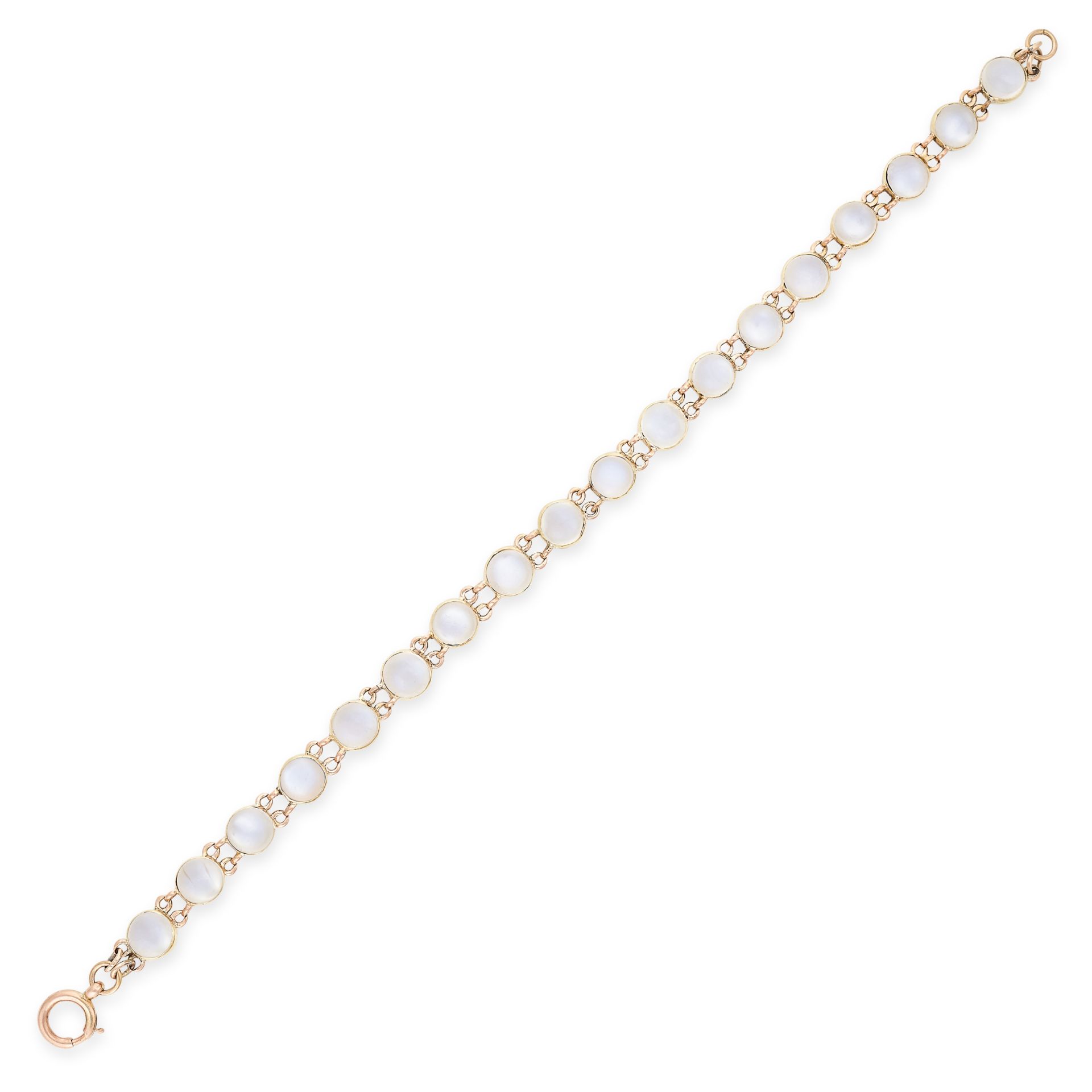 A MOONSTONE LINE BRACELET set with a single row of eighteen round cabochon moonstones, no assay