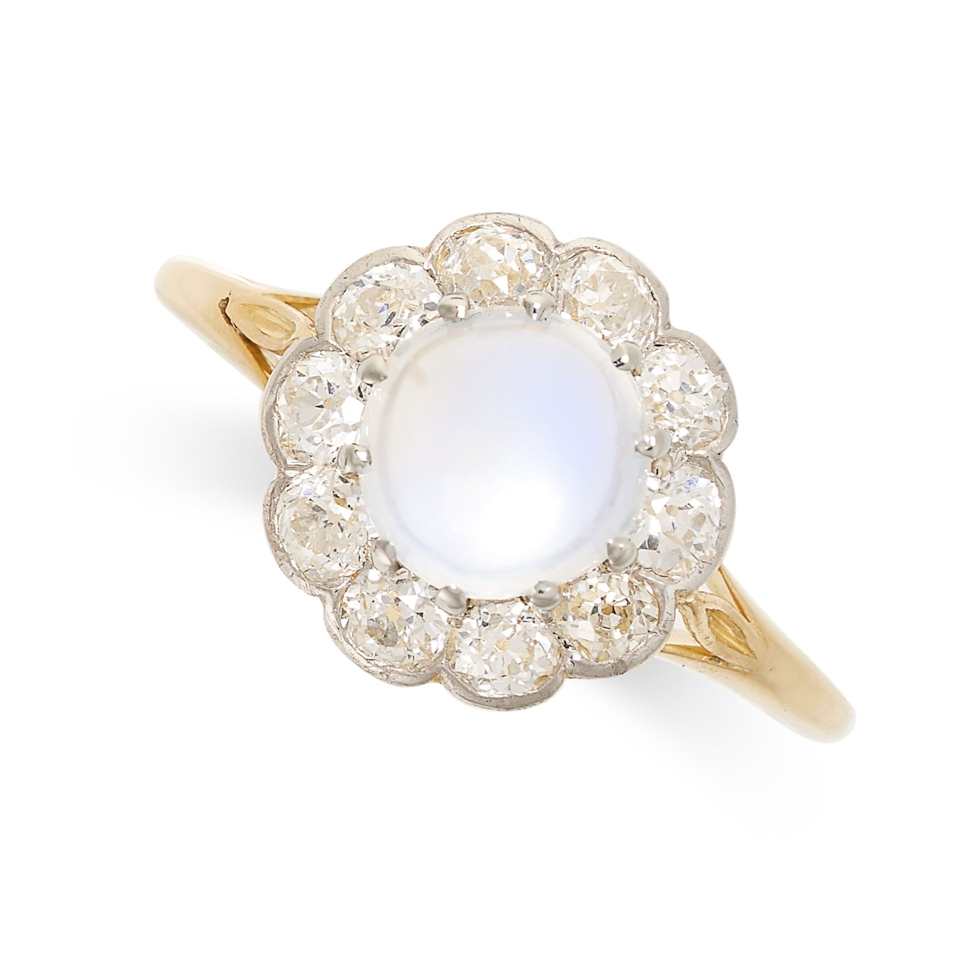 AN ANTIQUE MOONSTONE AND DIAMOND DRESS RING in high carat yellow gold, set with a round cabochon