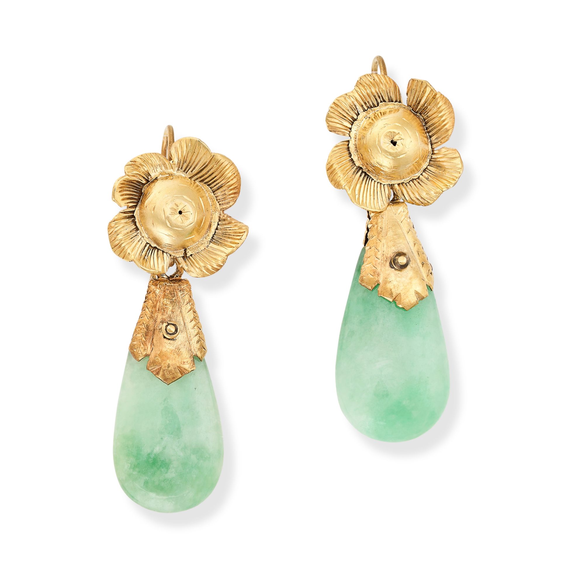 A PAIR OF JADEITE JADE DROP EARRINGS each comprising a foliate motif suspending a polished jadeite