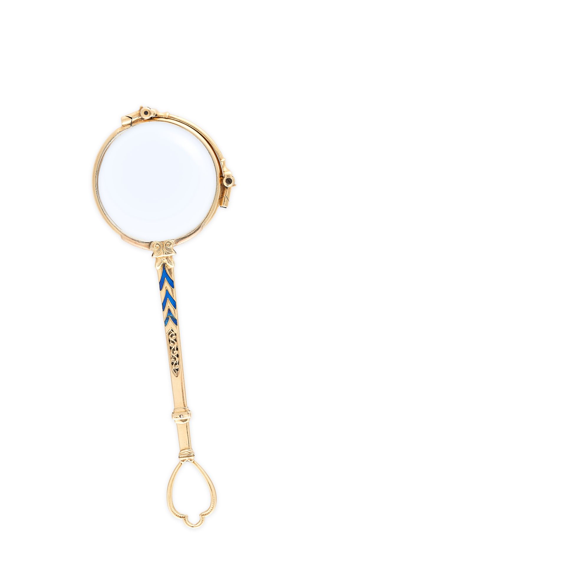 AN ENAMEL LORGNETTE, EARLY 20TH CENTURY in 14ct yellow gold, the two circular lenses in a hinged