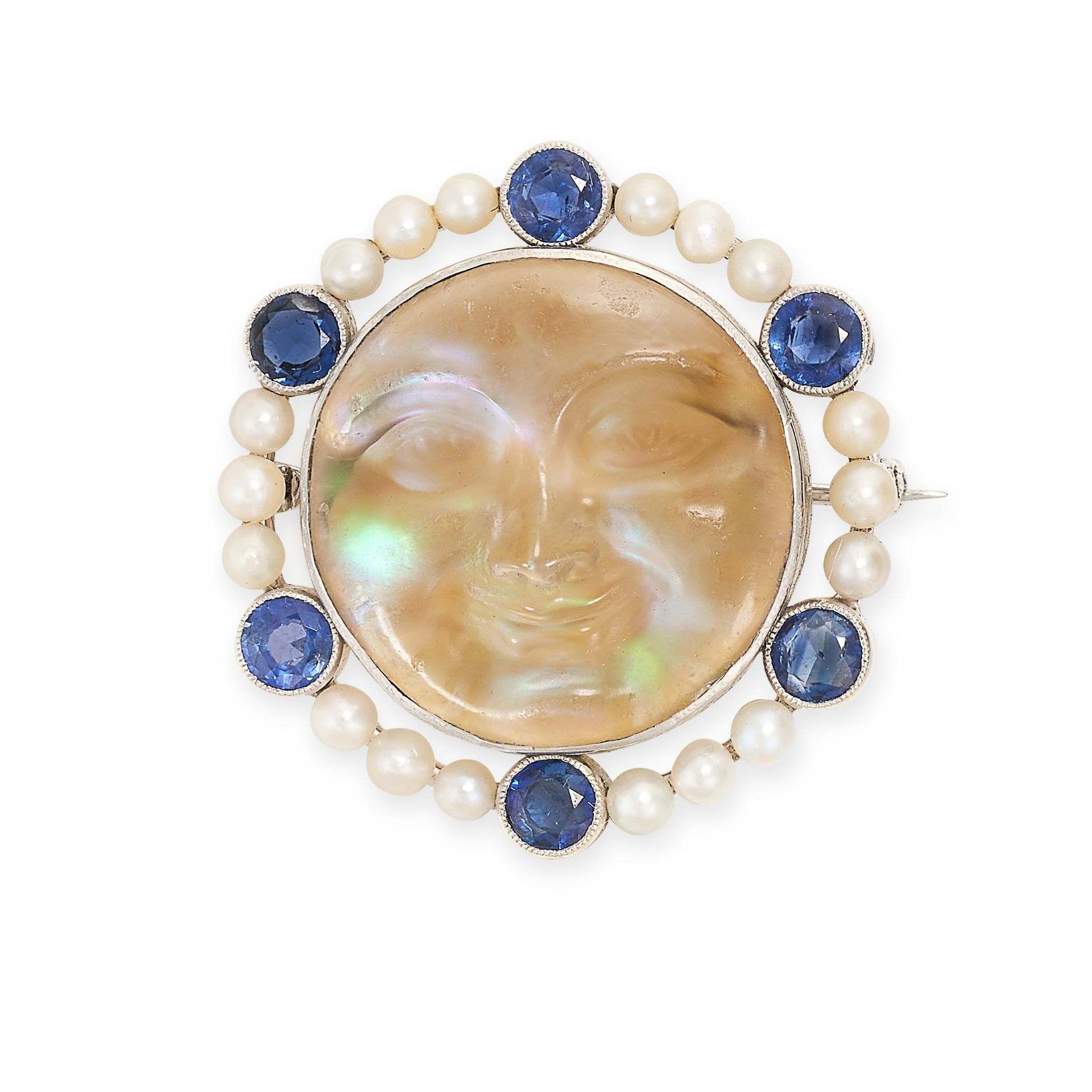 A CARVED RAINBOW MOONSTONE, SAPPHIRE AND PEARL MAN IN THE MOON BROOCH set to the centre with a