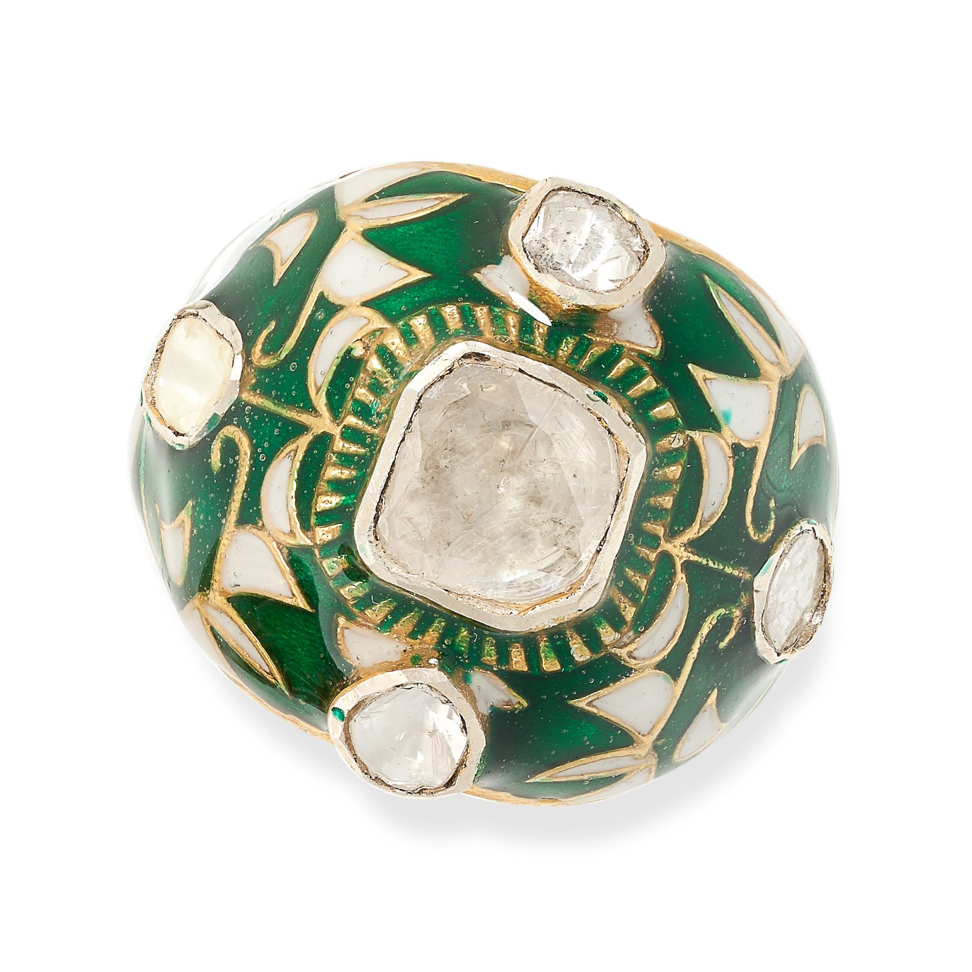 A DIAMOND AND ENAMEL RING set with a flat cut diamond in a border of green and white enamel,