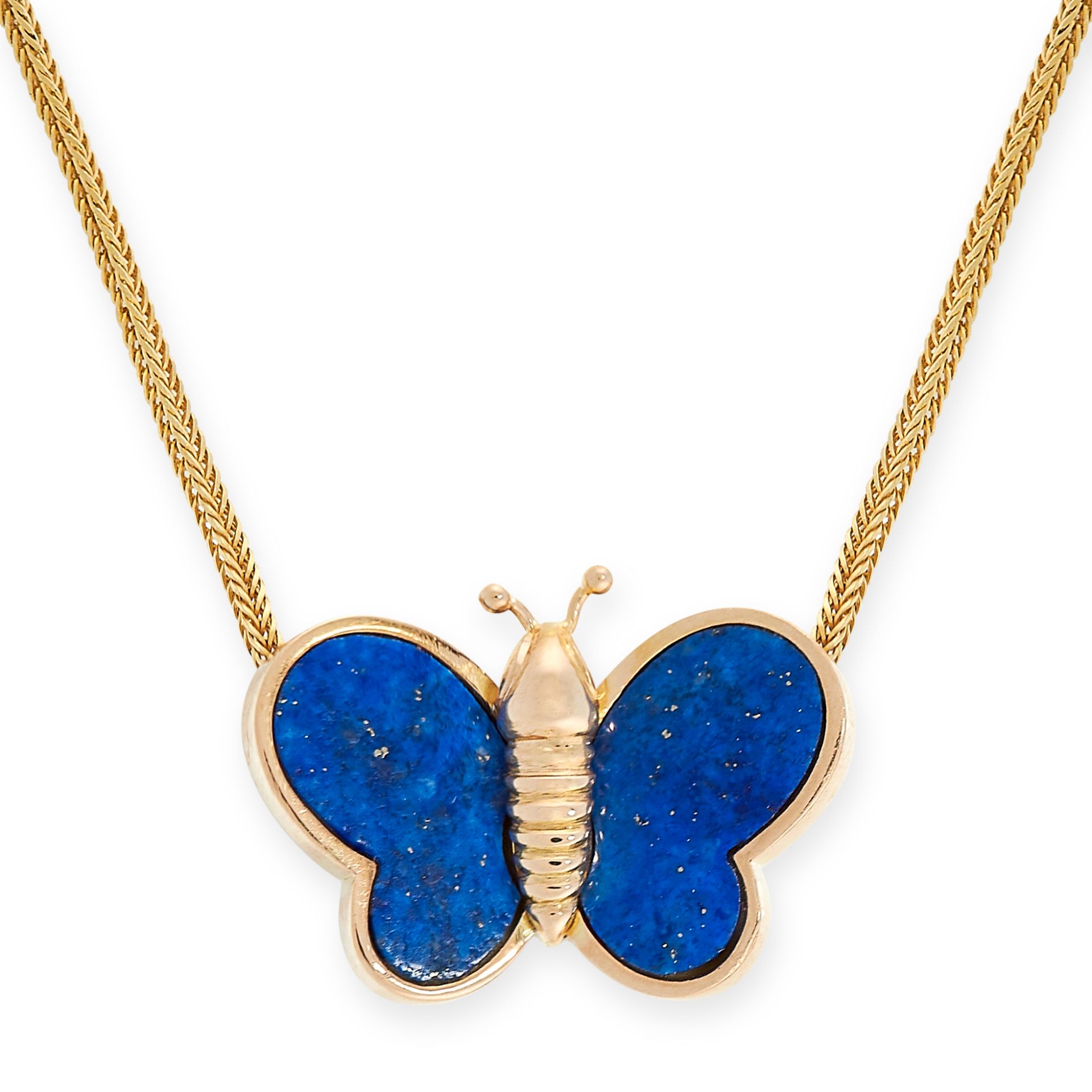 A LAPIS LAZULI BUTTERFLY PENDANT NECKLACE in yellow gold, in the form of a butterfly with lapis