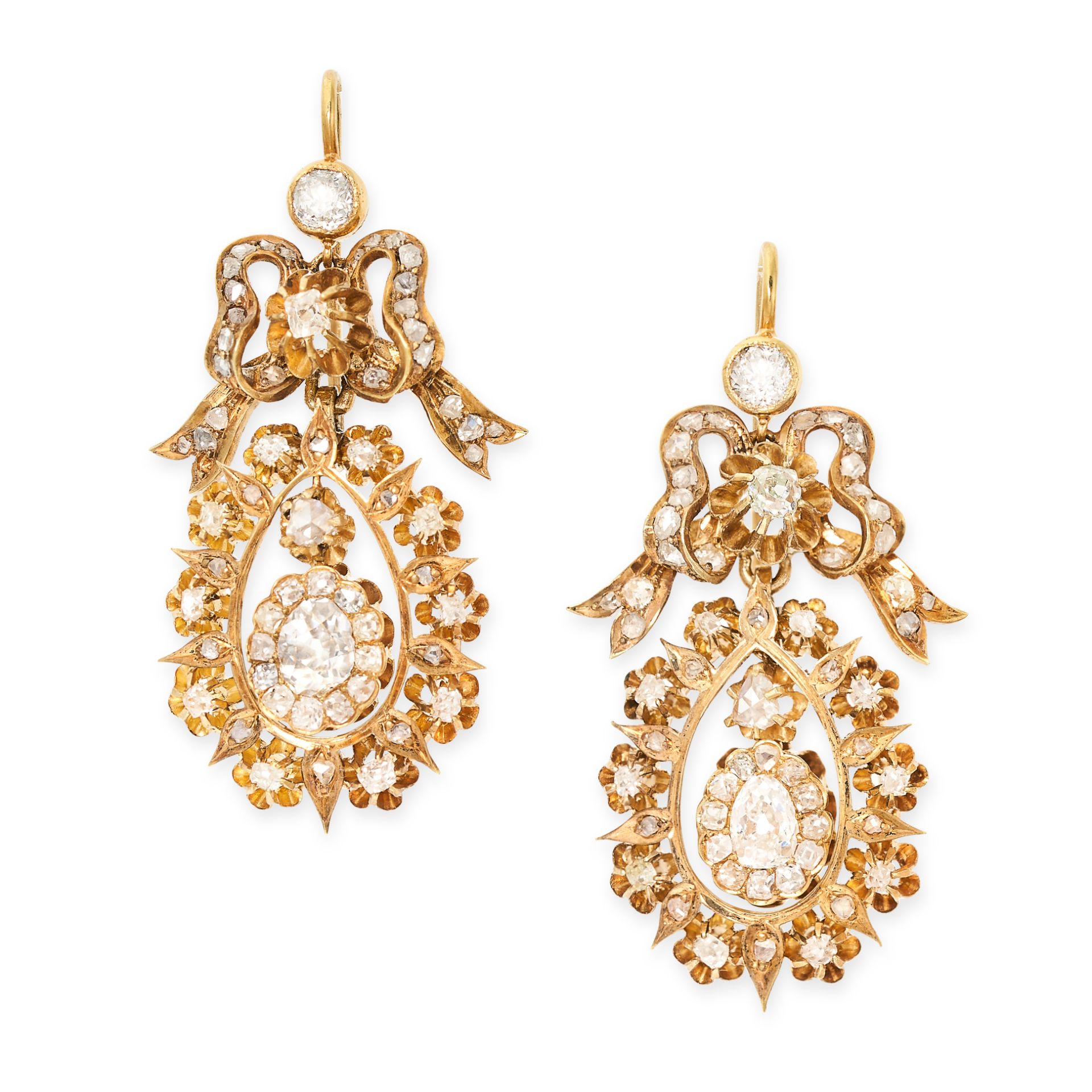A PAIR OF ANTIQUE DIAMOND DROP EARRINGS in yellow gold, each  designed as a ribbon tied as a bow