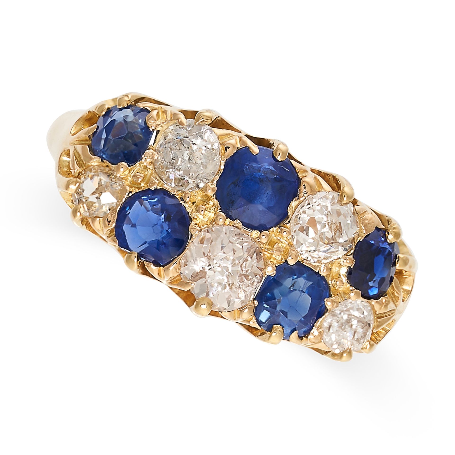 AN ANTIQUE VICTORIAN SAPPHIRE AND DIAMOND DRESS RING in 18ct yellow gold, the face set with