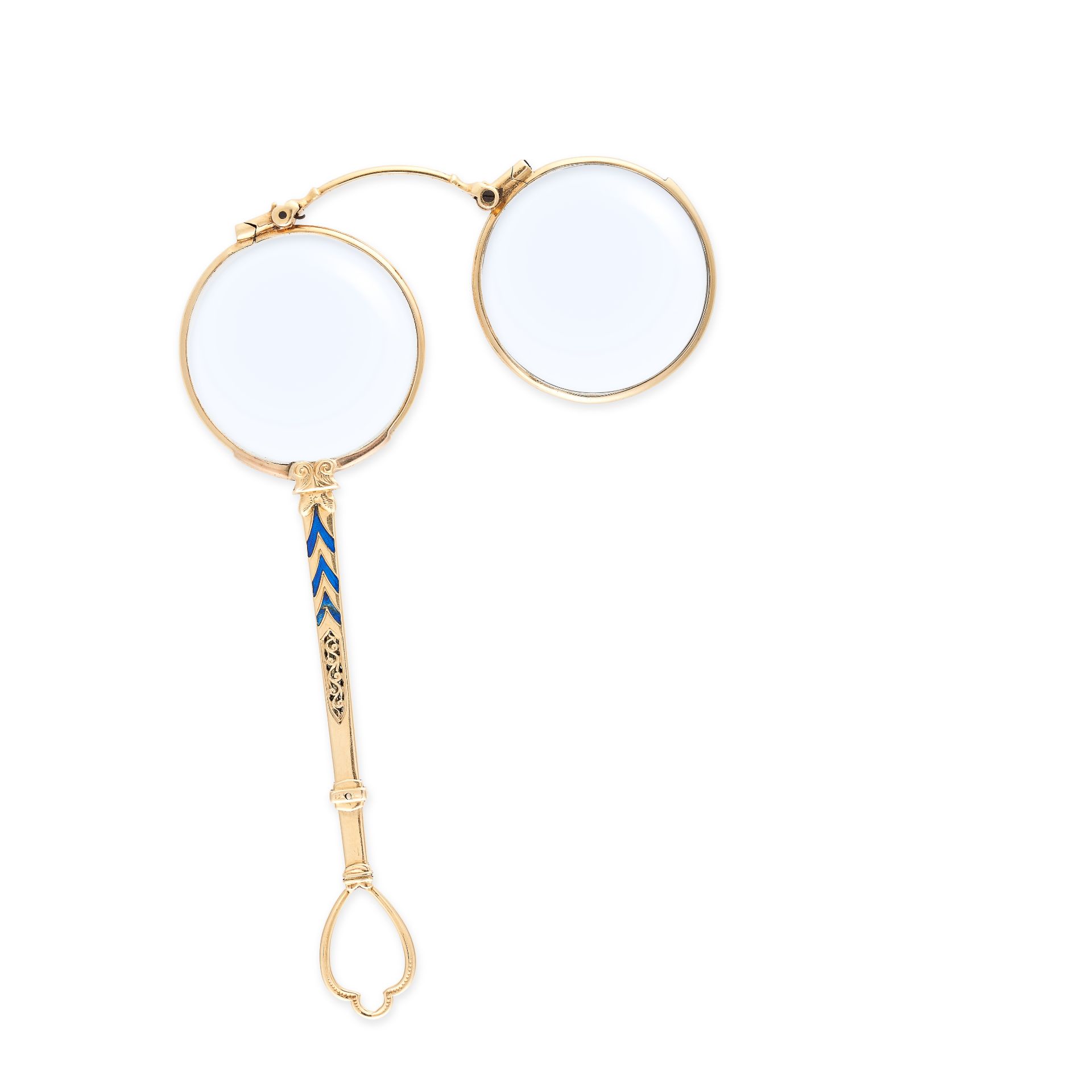 AN ENAMEL LORGNETTE, EARLY 20TH CENTURY in 14ct yellow gold, the two circular lenses in a hinged - Image 2 of 2