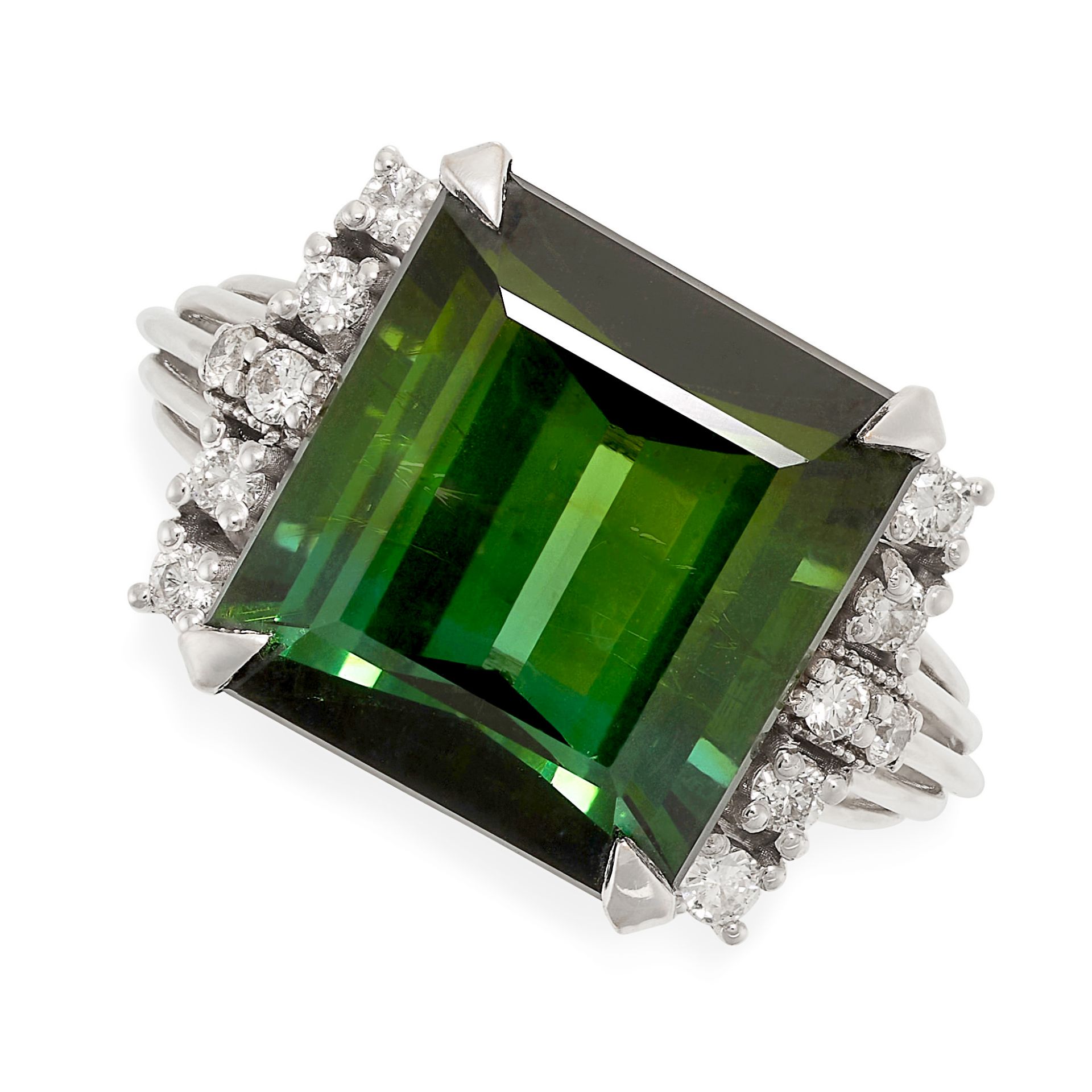 A GREEN TOURMALINE AND DIAMOND RING in white gold, set with an emerald cut green tourmaline of 10.25