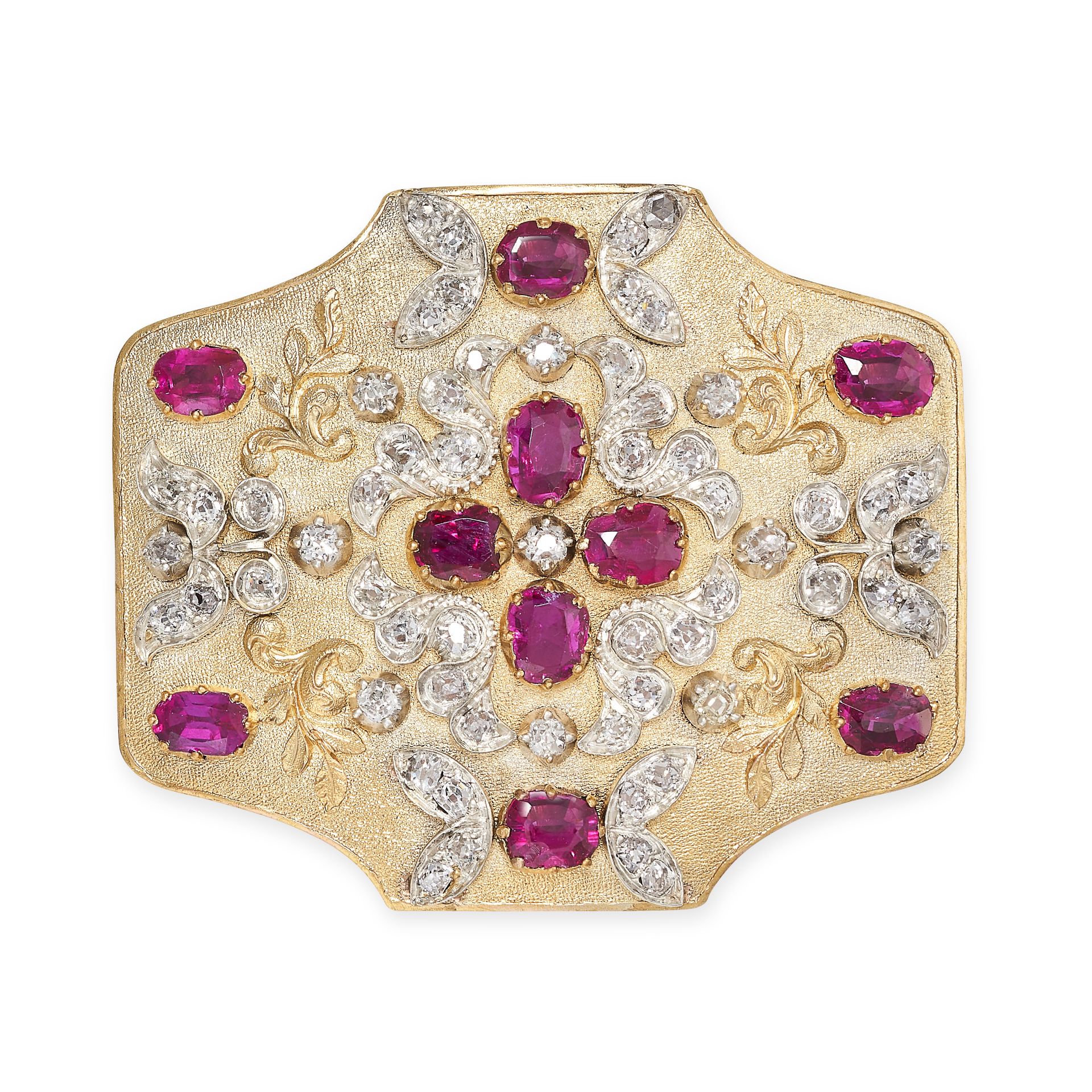 AN ANTIQUE RUBY AND DIAMOND BROOCH in yellow gold and silver, the curved body set with cushion cut